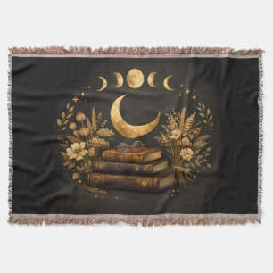 Golden Mystic Library & Botanical Boho Moon Art  Throw Blanket