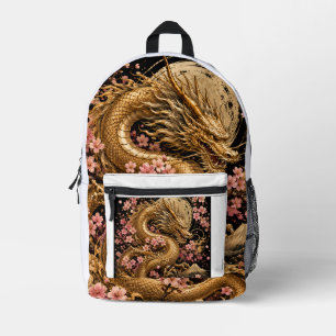 Golden Mythical Dragon with Elegant Pink Floral Il Printed Backpack