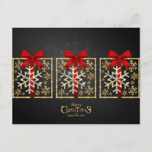 Golden n Red Gift Box Snowflakes Merry Christmas Holiday Postcard