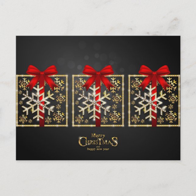 Golden n Red Gift Box Snowflakes Merry Christmas Holiday Postcard (Front)