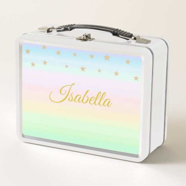 Golden name calligraphy & stars on pastel colours metal lunch box (Front)