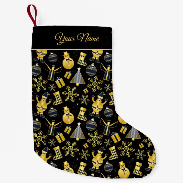 Golden Name Santa Snowman Gift Pattern Black Small Christmas Stocking (Front)