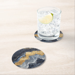 Golden Navy Marble Pattern Round Paper Coaster