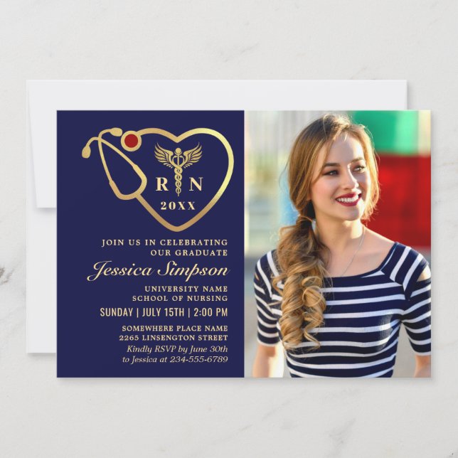 Golden Navy Modern Nursing School Graduation Party Invitation (Front)