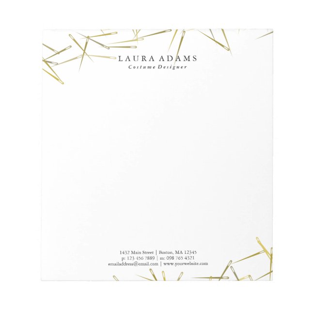 Golden Needles White | Elegant Fashion Designer Notepad (Front)