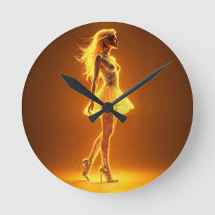 Golden neon girl in glowing fashion elegance round clock