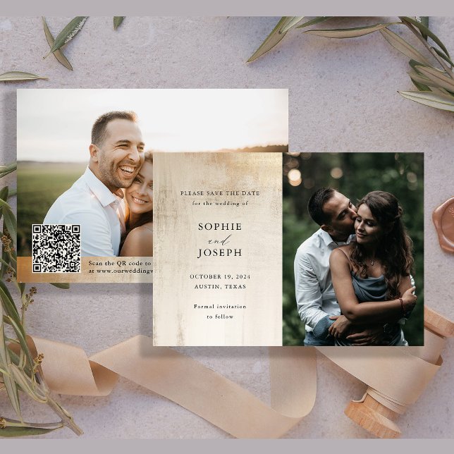 Golden Neutral Abstract | Elegant Wedding QR Code Save The Date (This classic and glamorous wedding save the date features an easily scannable QR code and photos)