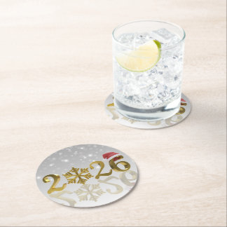Golden New Year 2026 with Snowflake and Santa Hat Round Paper Coaster