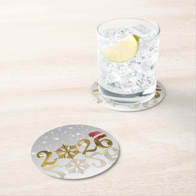 Golden New Year 2026 with Snowflake and Santa Hat Round Paper Coaster (Insitu)
