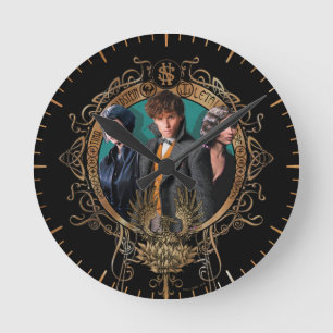 Golden Newt, Tina, and Leta Art Deco Portrait Round Clock