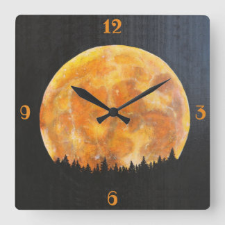 Golden Night Full Moon Over The Pine Forest Square Wall Clock
