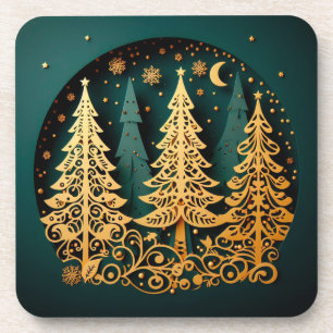 Golden Night Woodland – Christmas Tree Pattern Coaster
