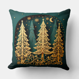 Golden Night Woodland – Christmas Tree Pattern Cushion