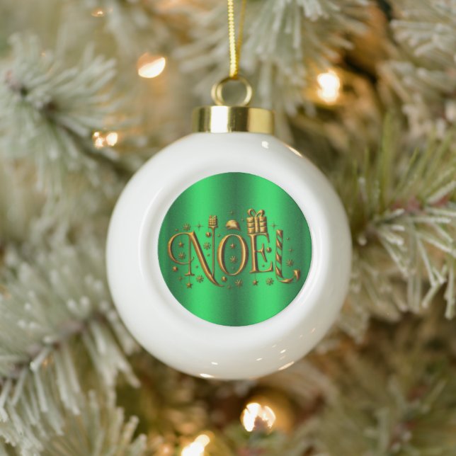 Golden Noel on Green Ceramic Ball Christmas Ornament (Tree)