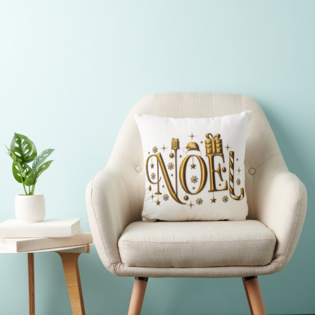 Golden Noel on White Christmas Cushion (Chair)