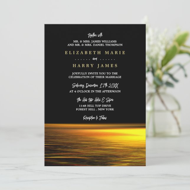 Golden Ocean, Elegant Beach Wedding Invitation (Standing Front)