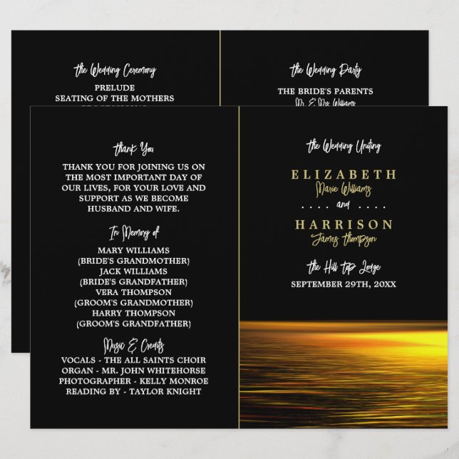 Golden Ocean, Elegant Beach Wedding Programme (Front/Back)