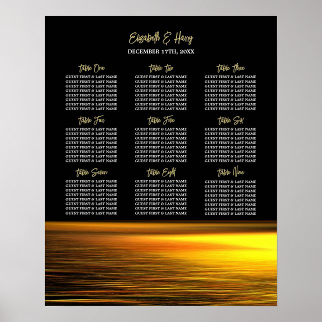 Golden Ocean, Elegant Beach Wedding Seating Chart (Front)