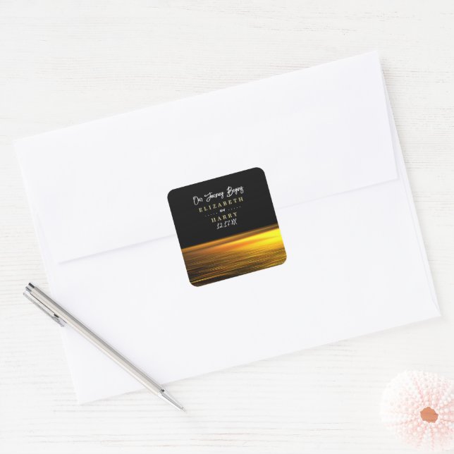 Golden Ocean, Elegant Beach Wedding Square Sticker (Envelope)