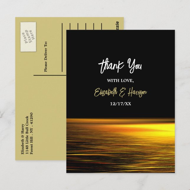 Golden Ocean, Elegant Beach Wedding Thank You Postcard (Front/Back)