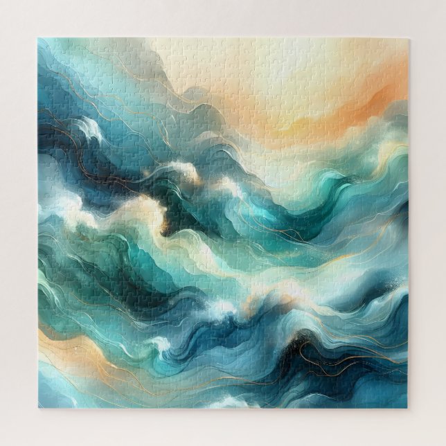 Golden Ocean Flow Abstract Waves Jigsaw Puzzle (Vertical)