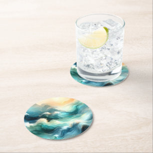Golden Ocean Flow Abstract Waves Round Paper Coaster