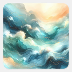 Golden Ocean Flow Abstract Waves Square Sticker