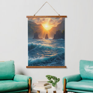 Golden Ocean Sunset Mountain Nature Hanging Tapestry