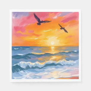 Golden Ocean Sunset Watercolor Beach Painting Napkin