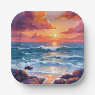 Golden Ocean Sunset   Watercolor Coastal Radiant Paper Plate