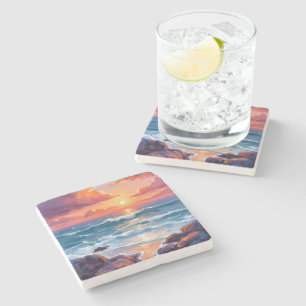 Golden Ocean Sunset Watercolor Coastal Radiant Stone Coaster