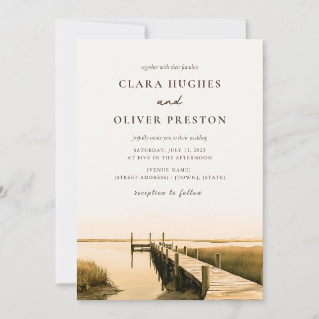 Golden Ochre Olive Marsh Script Lowcountry Wedding Invitation (Front)