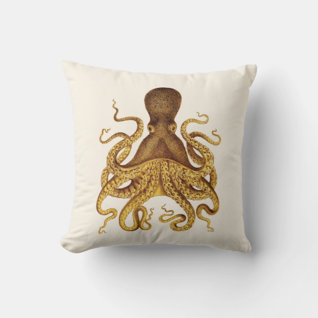 Golden Octopus Illustration on Cream Cushion (Front)