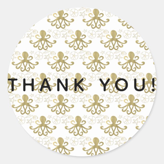 Golden Octopus & Sea Shells Beach Birthday Party Classic Round Sticker (Front)