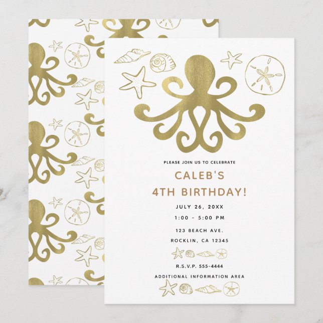 Golden Octopus & Sea Shells Beach Birthday Party Invitation (Front/Back)