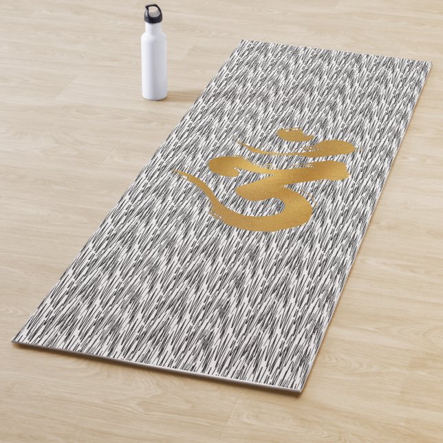 Golden "Ohm" Symbol on Black Zig Zag Pattern Yoga Mat (In Situ)
