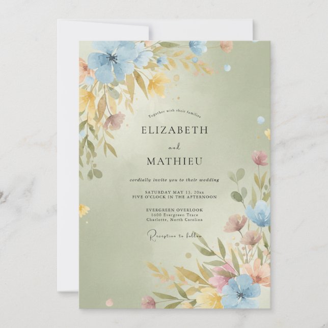 Golden Olive Wildflower Wedding Invitation (Front)