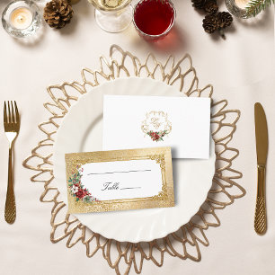 Golden Opulence Christmas Floral Wedding Place Card