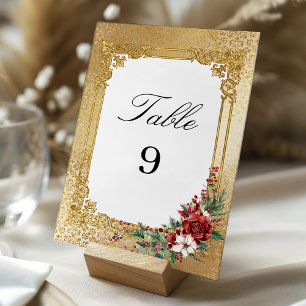Golden Opulence Christmas Floral Wedding Table Number