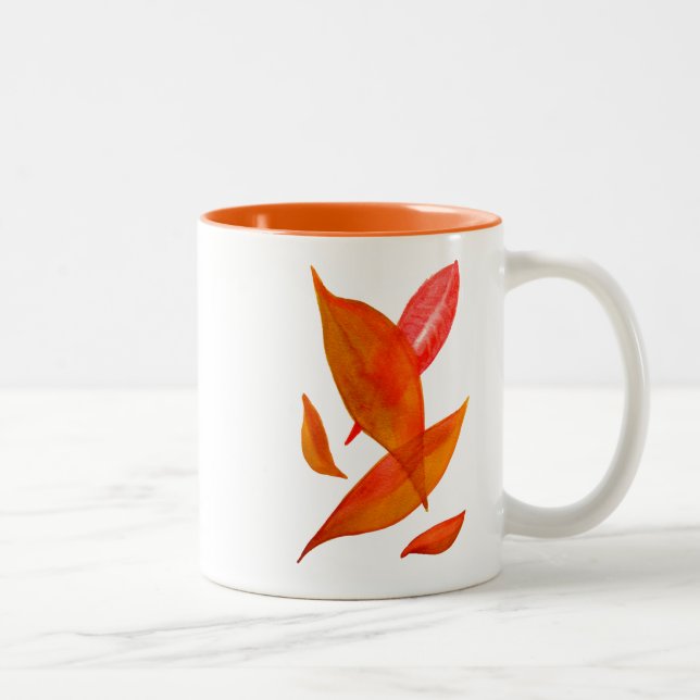 Golden Orange Autumn Fall leaf modern art Two-Tone Coffee Mug (Right)