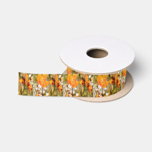 Golden Orange California Poppy Acrylic Painting Satin Ribbon