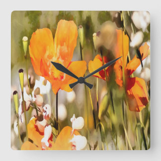 Golden Orange California Poppy Acrylic Painting Square Wall Clock