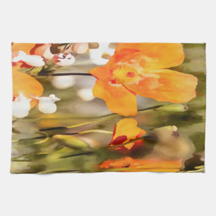 Golden Orange California Poppy Acrylic Painting Tea Towel