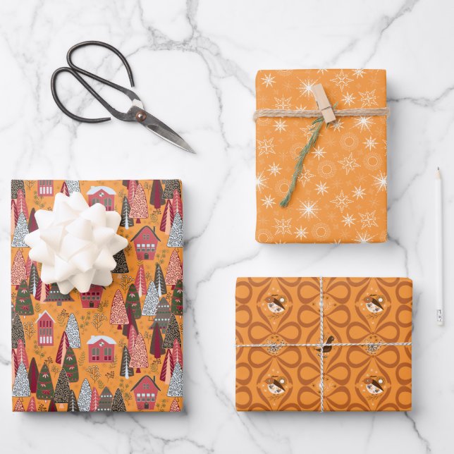 Golden Orange Christmas Forest Village Birds Wrapping Paper Sheet (Front)