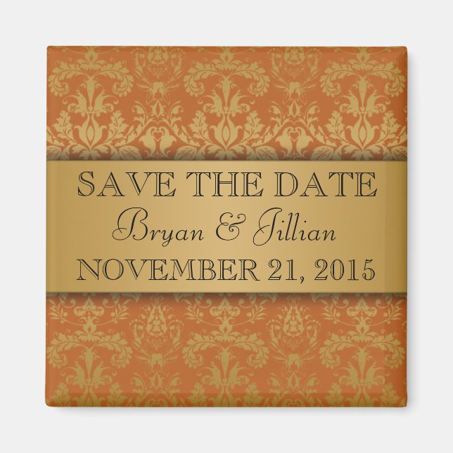 Golden Orange & Gold Regal Damask Save the Date Magnet (Front)