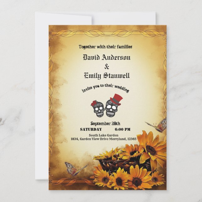 Golden Orange Gothic Sunflower Halloween Wedding Invitation (Front)