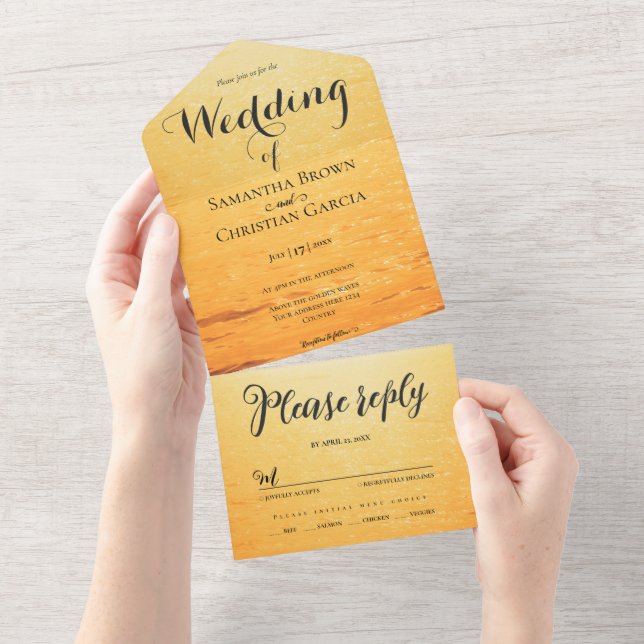 Golden orange summer sea waves wedding all in one invitation (Tearaway)