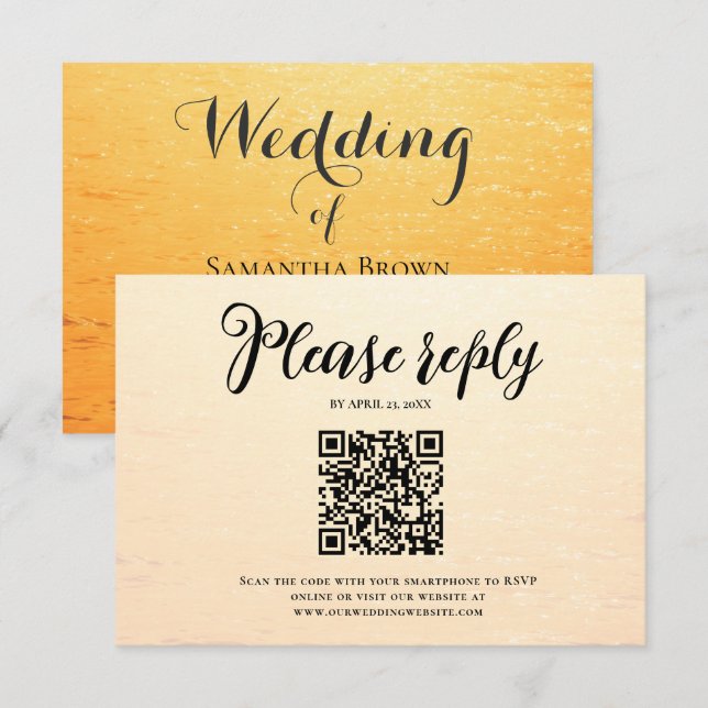 Golden orange summer sea waves wedding RSVP card (Front/Back)