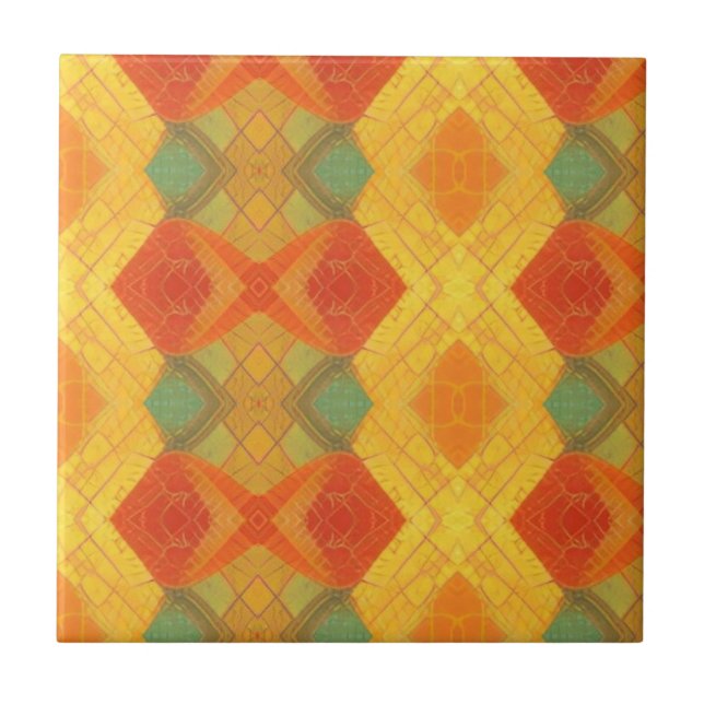 Golden orange teal diamond geometric design kitty  tile (Front)