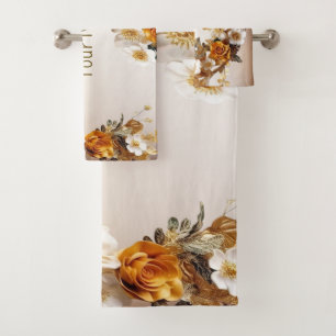 Golden Orange White Flowers Rustic Elegant Bath Towel Set